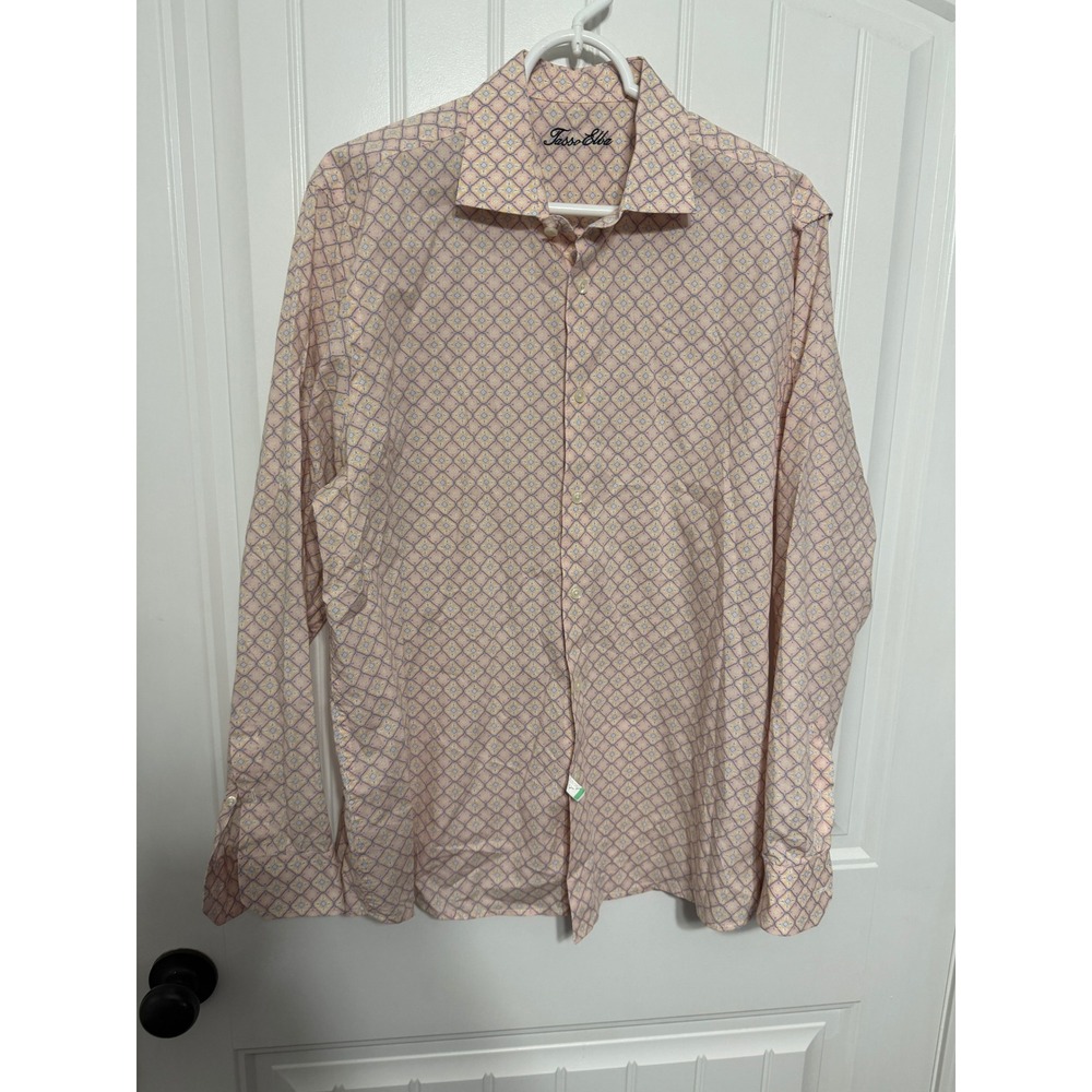 Tasso Elba Shirt Mens Large Pink Geometric Diamond Medallion Button Down EUC